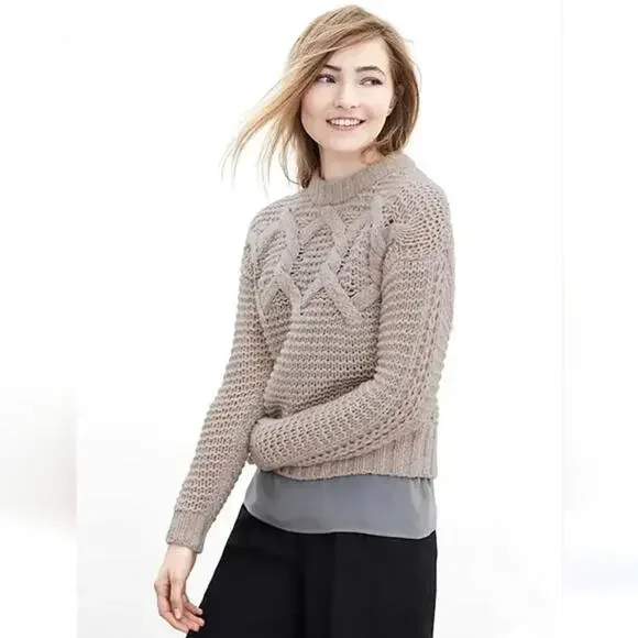 Banana Republic Fisherman Cable Knit Sweater Merino Wool Classic Tan Beige Small - Picture 13 of 14